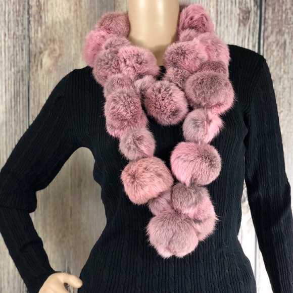 Kenneth Cole Accessories - Kenneth Cole | Rabbit Fur Pom Pom Scarf Black Pink